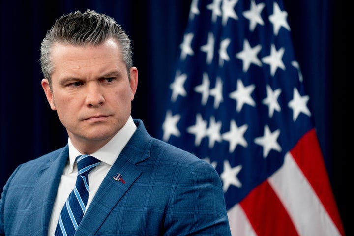 Pete Hegseth, U.S. secretary of defense, during a news conference at the Pentagon in Arlington, Virginia, US, on Wednesday, April 8, 2026. (Stefani Reynolds/Bloomberg via Getty Images)