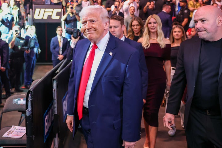 MIAMI, FLORIDA - APRIL 11: U.S. President Donald Trump, Ivanka Trump and Dana White attend UFC 327 at Kaseya Center on April 11, 2026 in Miami, Florida. The main event of UFC 327 is the light heavyweight match between Jiri Prochazka and Carlos Ulberg. (Photo by Tasos Katopodis/Getty Images)