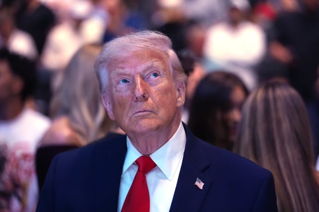 President Donald Trump attends the UFC 327 at Kaseya Center, Saturday, April 11, 2026, in Miami. (AP Photo/Julia Demaree Nikhinson, Pool)
