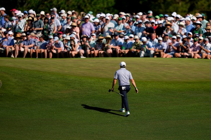 Rory McIlroy walks to green on the ninth hole during the third round of the Masters on Saturday.