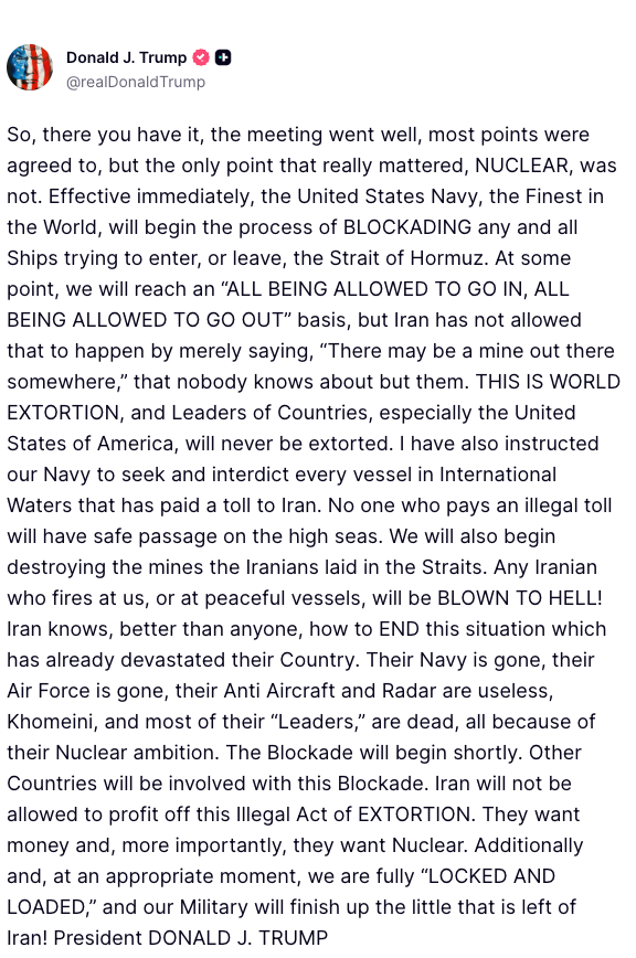 President Donald Trump on Sunday said the U.S. will blockade the Strait of Hormuz after failed talks to end the Iran war over the weekend.