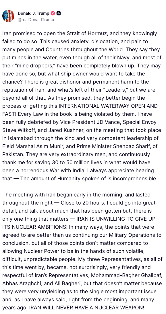 President Donald Trump address the Iran war in a post to his Truth Social platform on Sunday following talks in Pakistan.