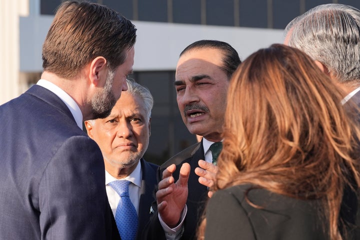 Vice President JD Vance (left) talks to Pakistan's Chief of Defence Forces and Chief of Army Staff Field Marshall Asim Munir (right) and Pakistani Deputy Prime Minister and Foreign Minister Mohammad Ishaq Dar (center) before boarding Air Force Two after attending talks on Iran in Islamabad, Pakistan on Sunday.