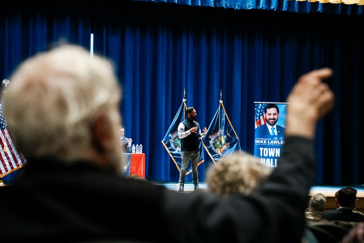 A view from the crowd as Lawler speaks at a town hall event on Sunday. The first-term congressman is running for reelection in what observers believe will be a tough race, with multiple Democratic candidates vying in their primary to face him in November.