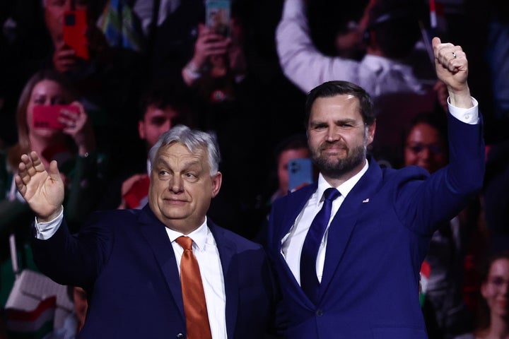 Hungarian Prime Minister Viktor Orban and Vice President JD Vance during a campaign rally in Budapest ahead of the Hungarian parliamentary election.