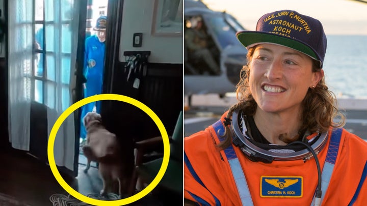 Screenshot of Sadie, left, seeing her person, mission specialist Christina Koch, following the 10-day Artemis II mission.