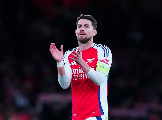 Arsenal's Jorginho during the Champions League opening phase soccer match between Arsenal and Monaco, at the Emirates Stadium in London, Wednesday , Dec.11, 2024. (AP Photo/Dave Shopland)