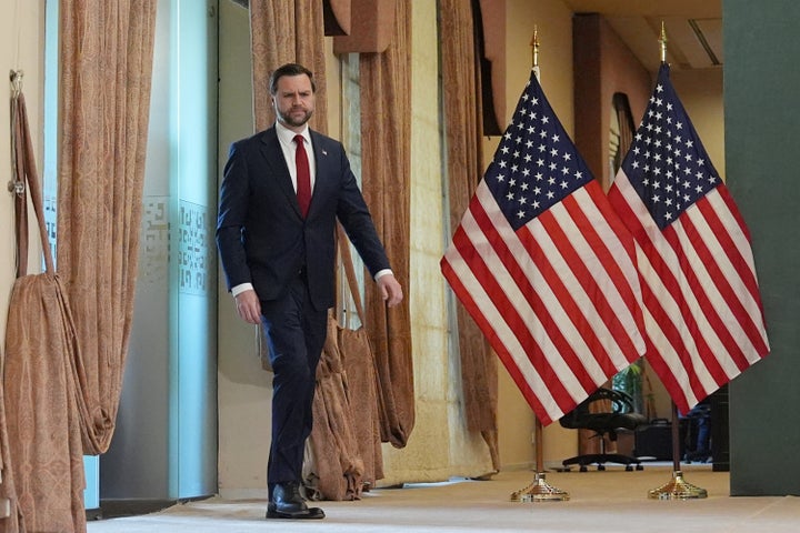 U.S. Vice President JD Vance arrives for a news conference after a meeting with representatives from Pakistan and Iran on April 12, 2026 in Islamabad, Pakistan. Vance and Iranian Parliamentary Speaker Mohammad Baqer Qalibaf led their respective delegations in the last round of talks to work out a slew of issues, including the Strait of Hormuz.