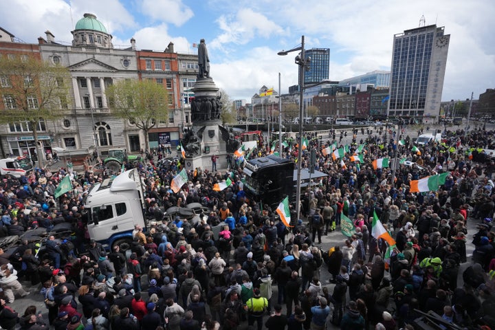 Protesters listen to speeches on O'Connell Street in Dublin during the sixth day of the National Fuel Protest against rising fuel prices on Saturday, April 11, 2026. Around 600 of 1,500 petrol stations around the Republic of Ireland are out of stock, according to an industry representative. (Photo: Niall Carson/PA Images via Getty Images)