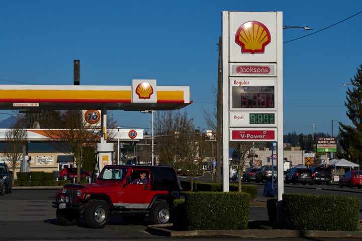Higher gasoline prices are seen at a Shell gas station a half-mile from the Tulalip Indian Reservation, Wednesday, April 8, 2026, in Marysville, Wash. (AP Photo/Lindsey Wasson)