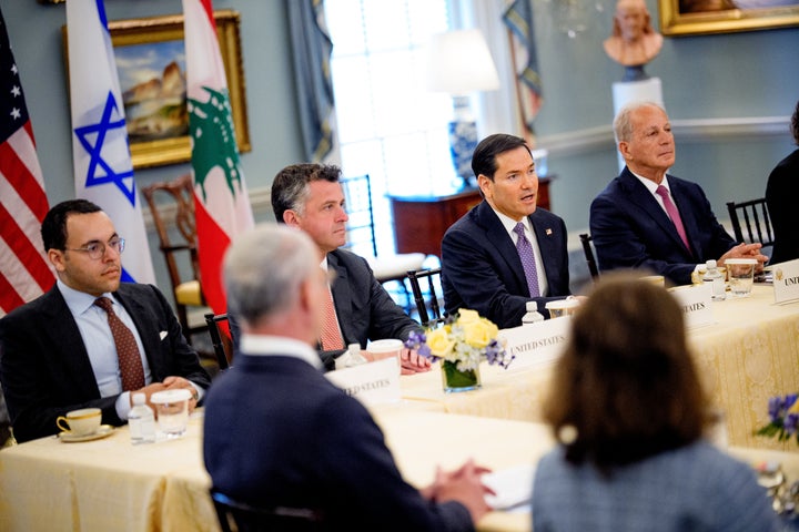 WASHINGTON, DC - APRIL 14: U.S. Secretary of State Marco Rubio (2nd-R), accompanied by U.S. State Department Counselor Michael Needham (C), and U.S. Ambassador to Lebanon Michel Issa (R), speaks as they begin working-level peace talks with Lebanese Ambassador to the U.S. Nada Hamadeh Moawad and Israeli Ambassador to the U.S. Yechiel Leiter at the U.S. State Department on April 14, 2026 in Washington, DC. In their first direct diplomatic talks in more than 30 years, Lebanon and Israel are preparing negotiations to potentially end Israel's conflict with the Lebanese militia Hezbollah. (Photo by Andrew Harnik/Getty Images)