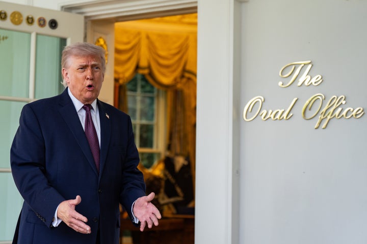 US President Donald Trump speaks to members of the media outside the Oval Office of the White House in Washington, DC, US, on Monday, April 13, 2026. Photographer: Salwan Georges/Bloomberg via Getty Images