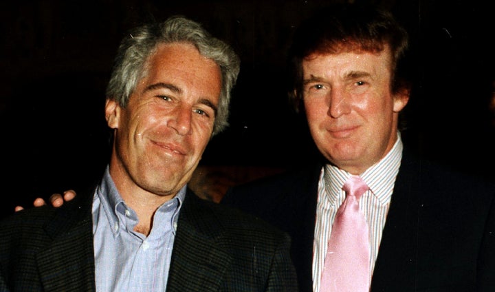 Jeffrey Epstein and Donald Trump pose at Mar-a-Lago in 1997.