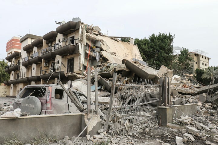A photograph shows damage at the site of an Israeli airstrike in the southern Lebanese village of Abbasiyeh, on the outskirts of Tyre, on April 15, 2026. Donald Trump said U.S.-Iran peace talks could resume this week, while Israel and Lebanon agreed to launch direct negotiations, signaling movement on two key fronts in efforts to ease the Middle East conflict.