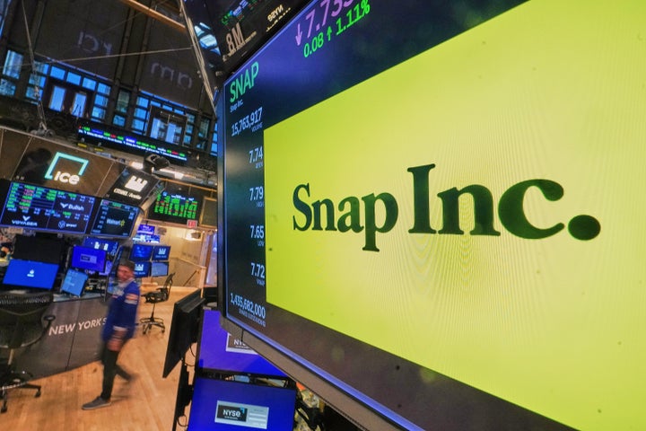 The logo for Snap Inc. is displayed above a trading post on the floor of the New York Stock Exchange on Oct. 20, 2025.