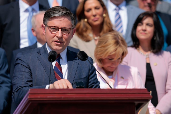 Mike Johnson photographed speaking during a news conference on the steps of the U.S. Capitol on April 15, 2026 in Washington, DC. 