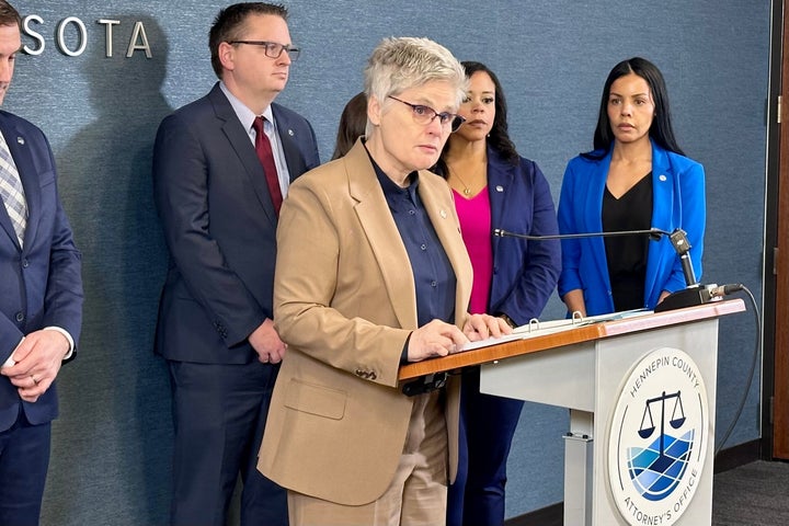 Hennepin County Attorney Mary Moriarty announces charges against an Immigration and Customs Enforcement agent related to a February incident on Thursday, April 16, 2026 in Minneapolis, Minn. (AP photo/Mark Vancleave)