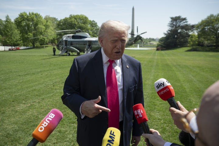 WASHINGTON DC, UNITED STATES - APRIL 16 : United States President Donald Trump speaks to the Press before departs at the White House to Las Vegas, Nevada on April 16, 2026, in Washington DC. (Photo by Celal Gunes/Anadolu via Getty Images)