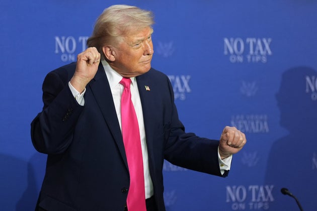 President Donald Trump dances at a roundtable event about no tax on tips, Thursday, April 16, 2026, in Las Vegas. 
