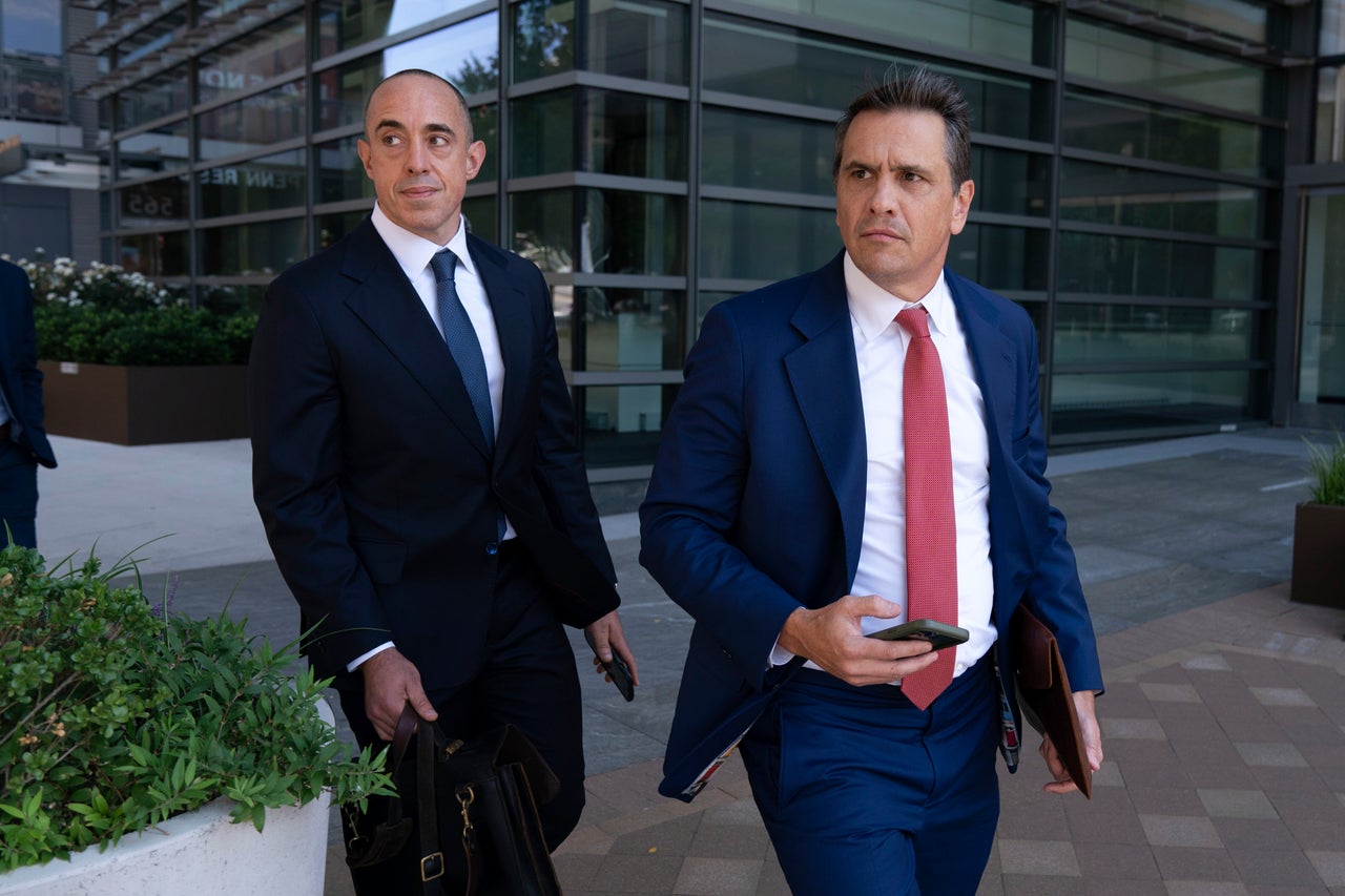 In this file photo from 2024, Emil Bove (left) and Todd Blanche leave the U.S. Federal Courthouse in Washington after a hearing. Bove is now a judge on the United States Court of Appeals for the Third Circuit. Blanche is the acting attorney general, after Donald Trump removed Pam Bondi from the role.