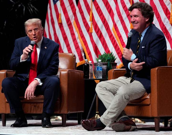 Donald Trump, seen here participating in the "Tucker Carlson Live Tour" during his 2024 campaign.