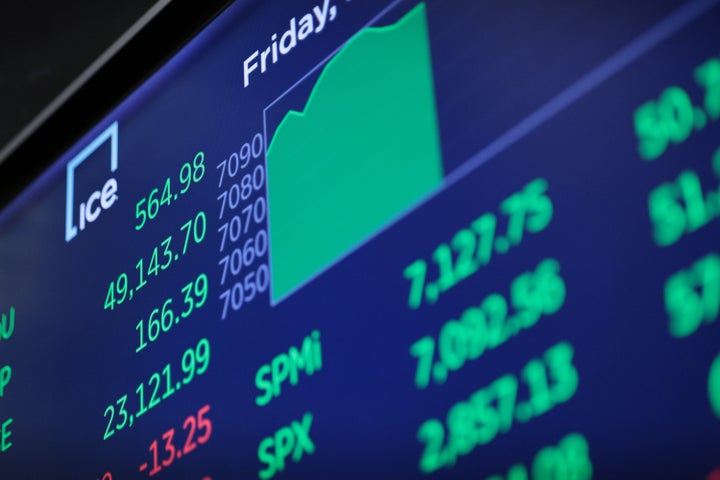  Stock market numbers are displayed on the floor of the New York Stock Exchange during morning trading on April 17, 2026 in New York City. All three major indexes surged at opening, with the Dow Jones leading the way, opening over 700 points after Iran declared the Strait of Hormuz “completely open” after the ceasefire agreement between Lebanon and Israel. (Photo by Michael M. Santiago/Getty Images)