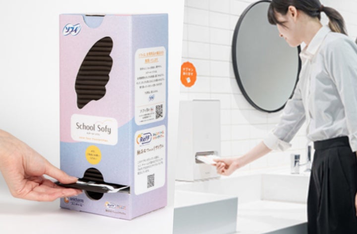 ユニ・チャーム製の段ボール製箱型ディスペンサー（左）と、SHARP製の電動型ディスペンサー（右）