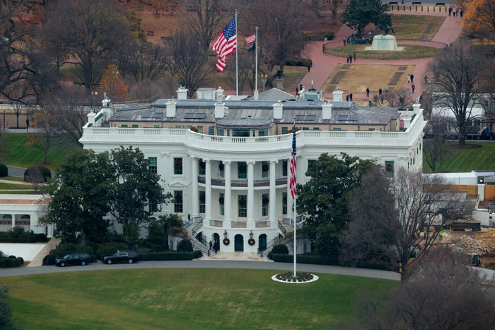 Viewed from the observation level of the Washington Monument, demolition work continues where the East Wing once stood at the White House on December 08, 2025 in Washington, DC. (Photo by Chip Somodevilla/Getty Images)