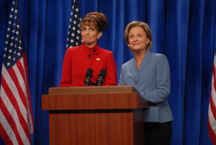 Tina Fey impersonating former Alaska Gov. Sarah Palin, opposite Amy Poehler as Hillary Clinton, during a 2008 episode of "Saturday Night Live."