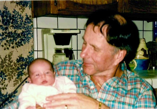 The author pictured with her father for kitchen cuddles in Los Angeles, California, in 1988.