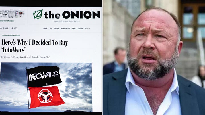 A screengrab shows The Onion website on Nov. 14, 2024, at left, and Alex Jones on Tuesday, Aug. 2, 2022, at right.