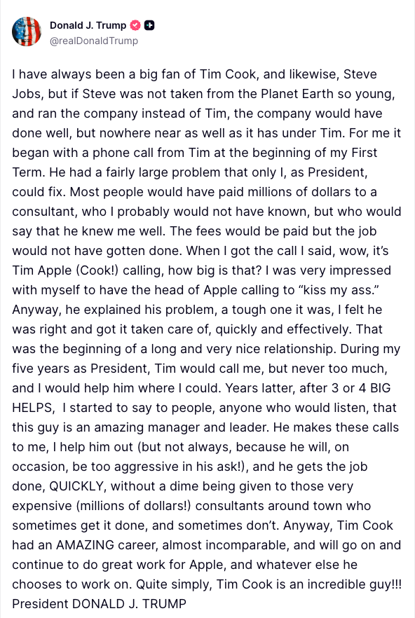President Donald Trump boasted that Apple CEO Tim Cook had to "kiss my ass" to get him to fix an unspecified problem.