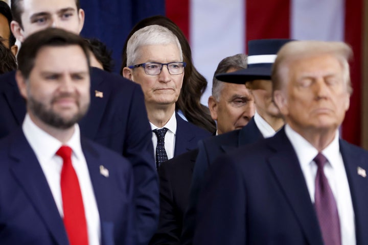 Tim Cook, chief executive officer of Apple Inc., during the 60th presidential inauguration in the rotunda of the U.S. Capitol in Washington, D.C., on Jan. 20, 2025. Cook personally donated $1 million to Donald Trump's inaugural committee. 
