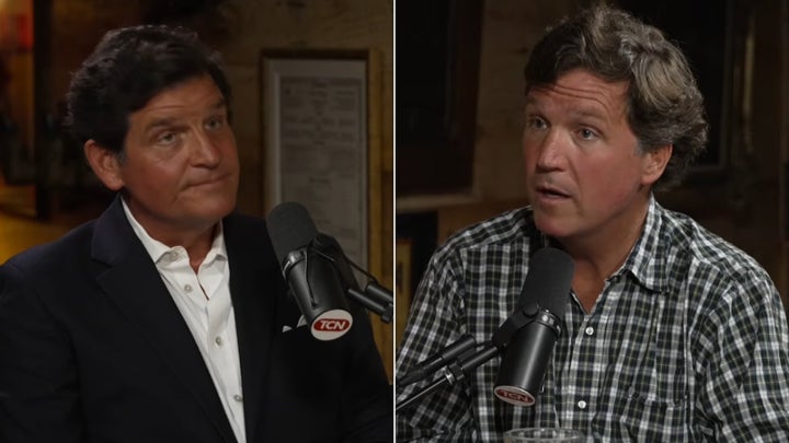 Buckley Carlson and Tucker Carlson speak Monday on the latter's podcast.