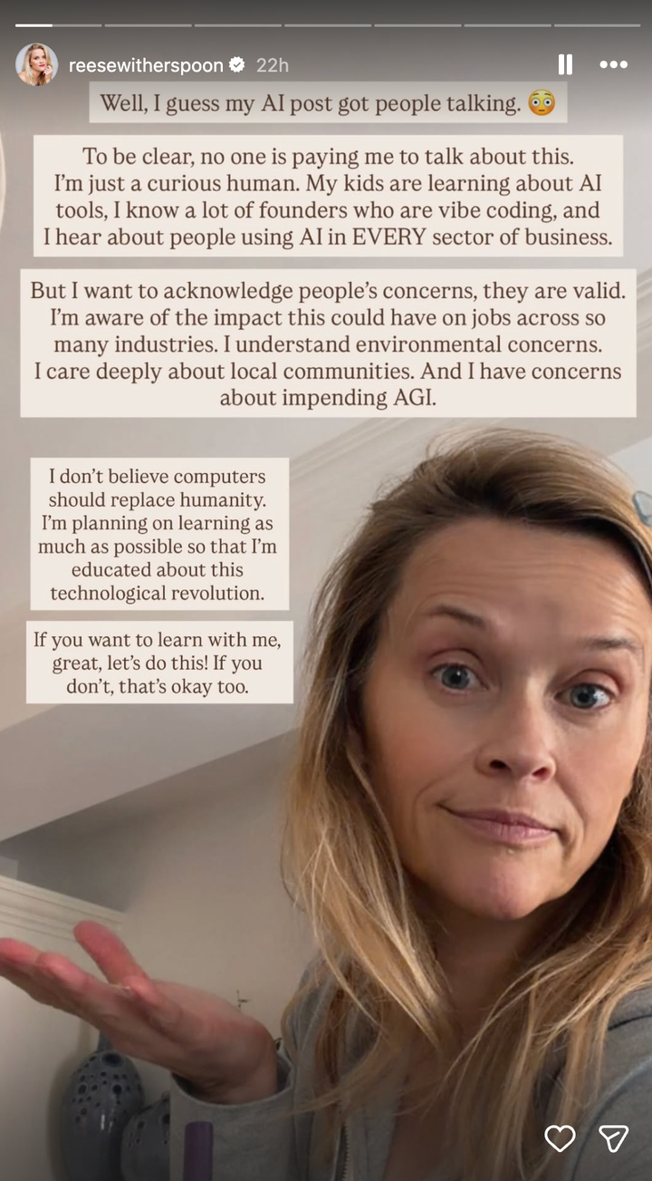 El lunes, Reese Witherspoon abordó la reacción que recibió por una publicación en Instagram donde instaba a las mujeres a abrazar el "Revolución de la IA."