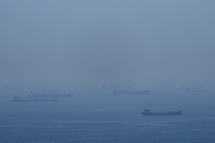 Tankers anchored in the Strait of Hormuz, Saturday, April 18, 2026. (AP Photo)