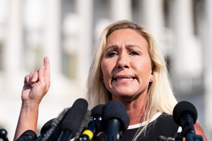 Former Rep. Marjorie Taylor Greene (R-Ga.) speaks outside the U.S. Capitol in 2024.