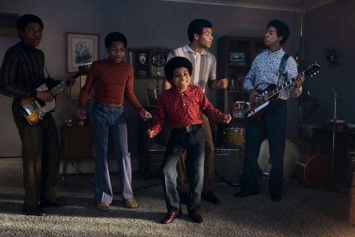(Left to right) Judah Edwards as Young Tito, Jaylen Hunter as Young Marlon, Juliano Krue Valdi as Young Michael Jackson, Nathaniel McIntyre as Young Jackie and Jayden Harville as Young Jermaine in "Michael."