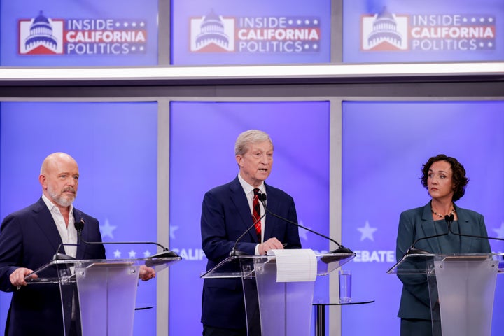 Steve Hilton, Republican gubernatorial candidate for California, from left, Tom Steyer, Democratic gubernatorial candidate for California, and Katie Porter, Democratic gubernatorial candidate for California, during a gubernatorial debate at KRON Studios in San Francisco, California, US, on Wednesday, April 22, 2026. 