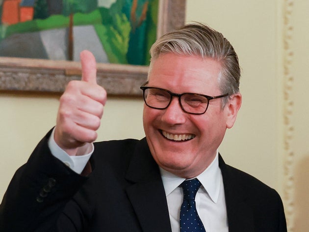 Britain's Prime Minister Keir Starmer gives a thumbs-up during a reception marking St. George's Day at Downing Street in London, Britain, Monday, April 20, 2026. 
