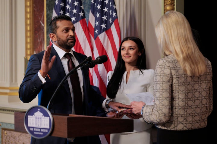 Alexis Wilkins stood onstage as former Attorney General Pam Bondi swore in Kash Patel as the new Federal Bureau of Investigation Director Feb. 21, 2025 in Washington, DC.
