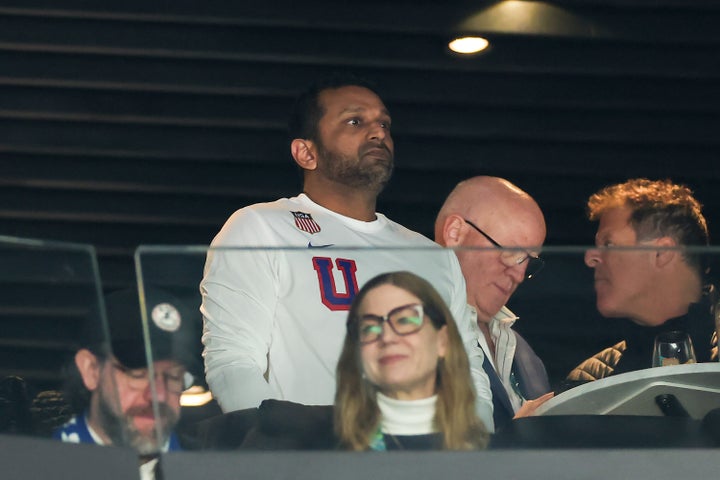 Patel in Milan, Italy watching the U.S. Men's hockey team. He was later photographed partying with the team after their gold-medal win.