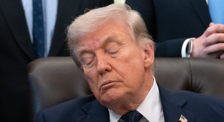President Donald Trump closes his eyes in the Oval Office at the White House, Thursday, April 23, 2026.