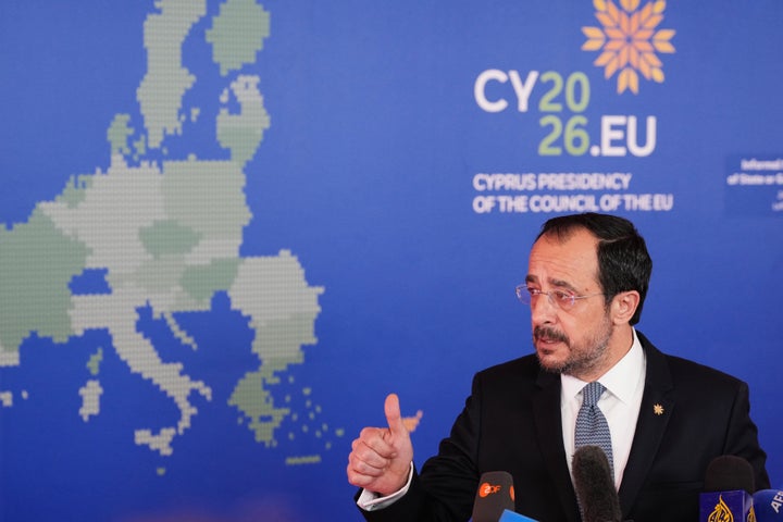 Cypriot President Nikos Christodoulides speaks with the media as he arrives for the EU Summit in Nicosia, Cyprus, on April 24, 2026.