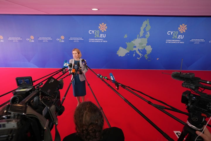 European Union foreign policy chief Kaja Kallas speaks with the media as she arrives for the EU Summit in Nicosia, Cyprus, on April 24, 2026. 