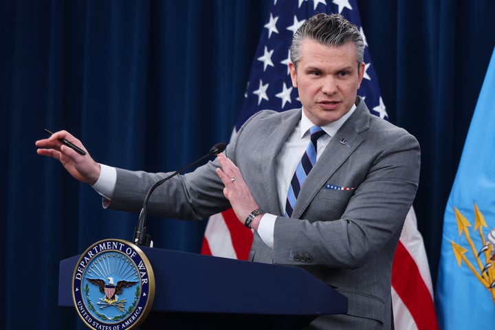 U.S. Secretary of War Pete Hegseth speaks during a press briefing at the Pentagon on April 24, 2026 in Arlington, Virginia. Hegseth blasted U.S. allies, claiming that reopening the Strait of Hormuz "should not be America's fight alone."