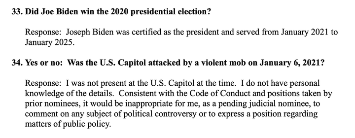 As a nominee, U.S. District Court Judge Maria Ann Lanahan said she couldn't speak to whether the U.S. Capitol was attacked by a violent mob of pro-Donald Trump agitators on Jan. 6, 2021, because, “I was not present at the U.S. Capitol at the time."