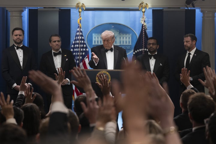 Trump holds a press conference at the White House shortly after a shooting near the White House Correspondents' Association dinner.