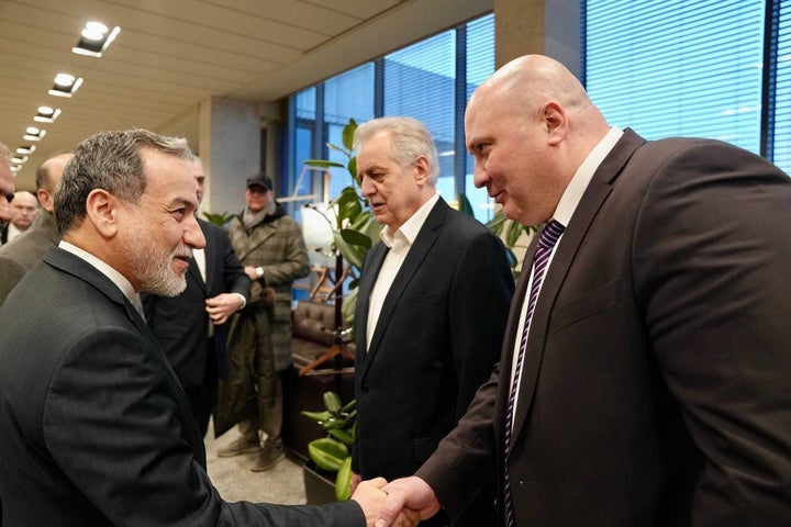 Iranian Foreign Minister Abbas Araghchi (L) arrives for diplomatic talks in St. Petersburg, Russia, on April 27, 2026.