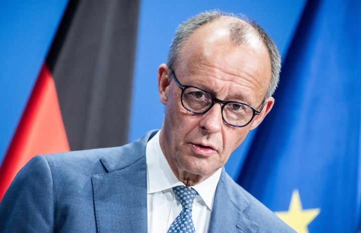 Federal Chancellor Friedrich Merz participates in a press conference at Herrenhausen Palace on April 20, 2026. (Photo by Michael Kappeler/picture alliance via Getty Images)